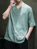 Men's Casual Cozy Smooth Leaf Embroidery Short Sleeve Shirt