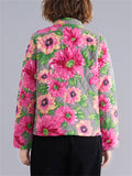 Female Sunflower Print Vivid Stand-up Collar Quilted Coat