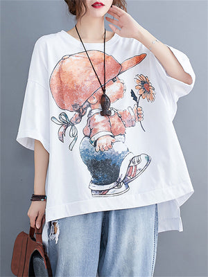 Women's Casual Cartoon Babe Print Mid-Length Cotton T-shirt