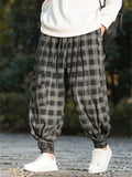 Men's Plaid Corduroy Patch Pockets Drawstring Casual Pants