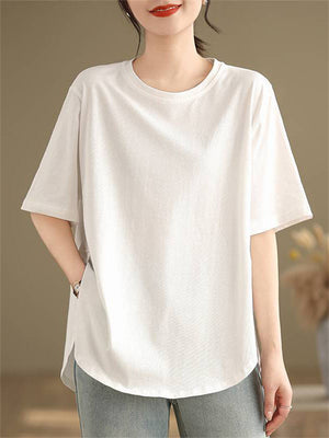 Plus Size Loose Side Split Solid Color T-shirts for Women