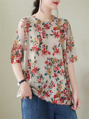 Women's Summer Colorful Floral Hollow Out Half Sleeve Shirt