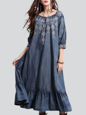 Women's Diamond Embroidery Half Sleeve Ruffle Blue Denim Dress