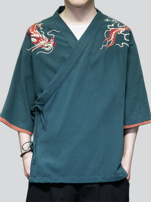 Summer Men's Contrast Color Dragon Embroidered Shirts