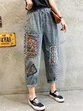 Female Ethnic Style Embroidery Patch Elastic Waist Denim Pants