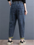 Women's Literary Elastic Waist Patchwork Jeans