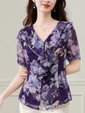 V-neck Ruffled Floral Chiffon Shirt for Women