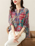 Summer Bohemian Style V Neck Print Vacation Shirt for Women