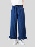 Women's Ruffled Leg Cuff Blue Straight Leg Jeans