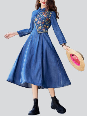 Female Ethnic Style Embroidery Floral Slim Denim Dress