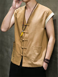 Men's Summer Cotton Linen Breathable Button Sleeveless Vest