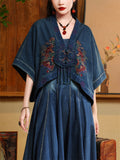 Ethnic Floral Embroidery Female Half Sleeve Denim Jacket