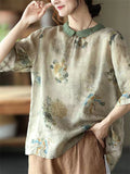 Retro Flower Print Lapel Half Sleeve Loose Shirt for Women