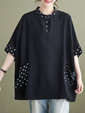 Ladies Round Neck Polka Dots Splicing Shirt with Pockets