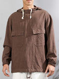 Male Pure Color Hooded Shirt with Double Pockets