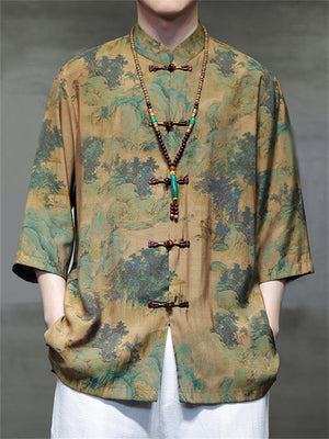 Vintage Shirt with Green Mountain & Chinese Loong Print