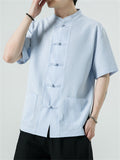 Men's Chinese Style Stand Collar Knot Button Summer Striped Shirt