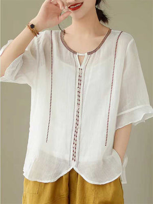 Ethnic Style Round Neck Ruffle Sleeve Transparent Shirt for Women