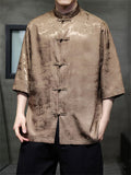 Male Chinese Style Pavilion Jacquard Smooth Button Up Shirts