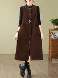 Women's Crew Neck Button Up Sleeveless Mid-Length Dress