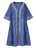 Retro V Neck Half Sleeve Embroidery Female Denim Dress