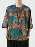 Retro Printed Ice Silk Rounded Collar Shirts for Male