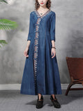 Elegant V-neck Half Sleeve Denim Dresses for Ladies