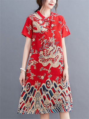 Women's Retro Dragon Print Chinese Style Knot Button Qipao