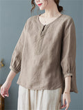 Plain Scoop Neck 3/4 Sleeve Female Cozy Linen Shirt