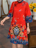 Loong Print Qipao Midi Dress for Ladies