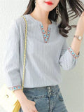 Ethnic V Neck Embroidery 3/4 Sleeve Stripe Shirt for Women