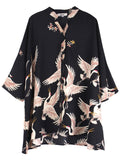 Women's Crane Floral Printing 3/4 Sleeve Oversized Shirts