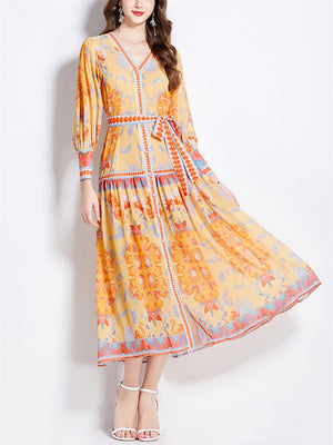 Ladies V-neck Lantern Sleeve Printed Chiffon Dress