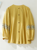 Women's Ethnic Embroideried Lantern Sleeve Stand Collor Button Linen Shirt