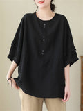 Women's Decorative Button Round Neck Relaxed Pullover Shirt