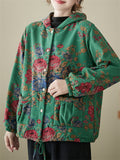 Country Style Flower Print Female Drawstring Hem Hooded Coat