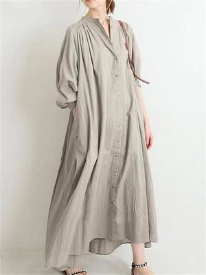 Women's Casual Single-Breasted Pleated Oversized Shirt Dress