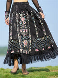 Female Black Satin Flower Embroidery Skirts