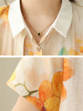 Elegant Daisy & Orange Print Lapel Pleated Shirt for Women