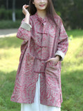 Women's Casual Leaf Print Stand Collar Cotton Linen Coat