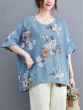 Female Bohemian Style Scoop Neck Half Sleeve Floral Print Shirt