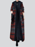 Female Plaid Patchwork Hooded Fake Two Piece Wool Blend Coat