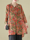 Ladies Country Style Red Flower Print Oversized Linen Shirt