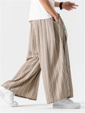 Men's Chinese Style Cotton Striped Wide Leg Pants with Strap