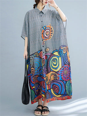 Fat Girls Oversized Bohemian Print Lapel Shirt Dress