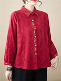 Female Chinese Floral Embroideried Lapel Button Up Linen Shirt