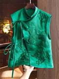 Women's Stand Collar Lace Up Flying Crane Embroidery Vest Jacket