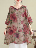 Retro Casual Flower Print Half Sleeve V Neck Shirt for Lady