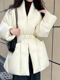 Women's Chic V Neck Tie-Waist Wrap White Duck Down Coat