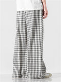 Men's Vintage Plaid Cotton Linen Wide Leg Trousers